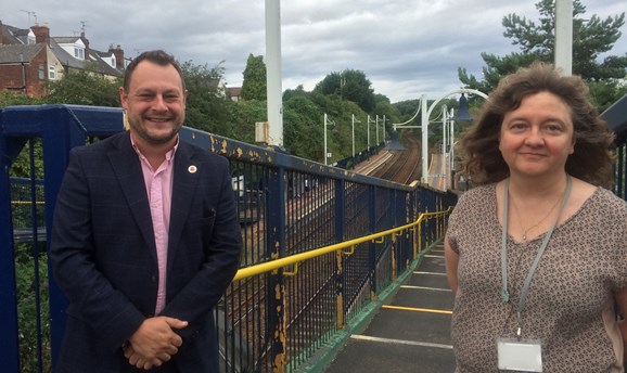 Councillor Jason Zadrozny and Christine Sarris at Kirkby train station