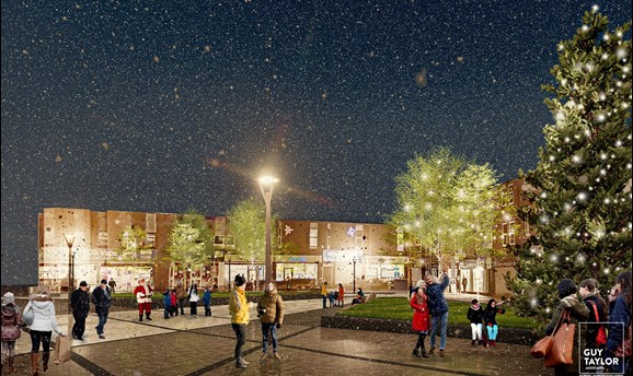 An artist impression of Portland Square in Sutton at Christmas