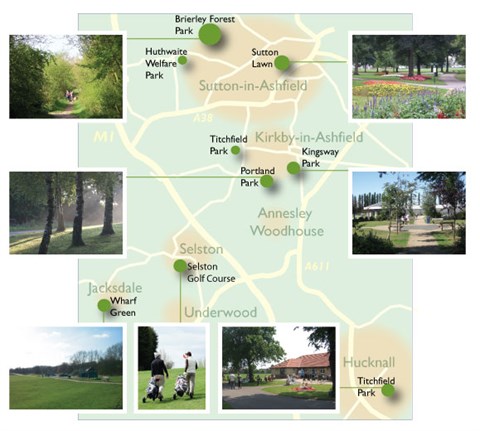 Illustrated map showing location of Ashfield parks & images from each
