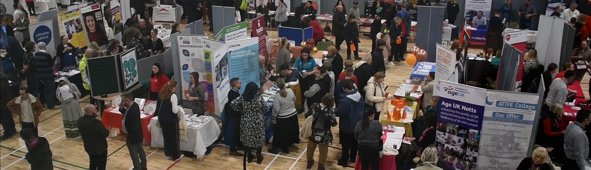 Photo looking over the whole 2022 Careers fair at Kirkby Leisure Centre 