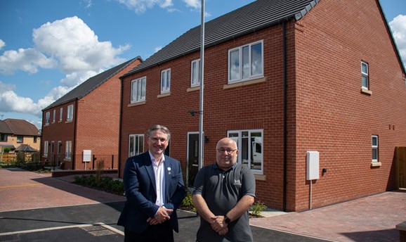 Cllr Matt Relf with Cllr Andy Meakin outside new homes on Charlotte Gardens 
