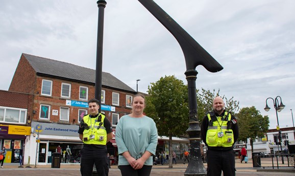 Cllr Deakin on Portland Square with two Community Protection Officers 