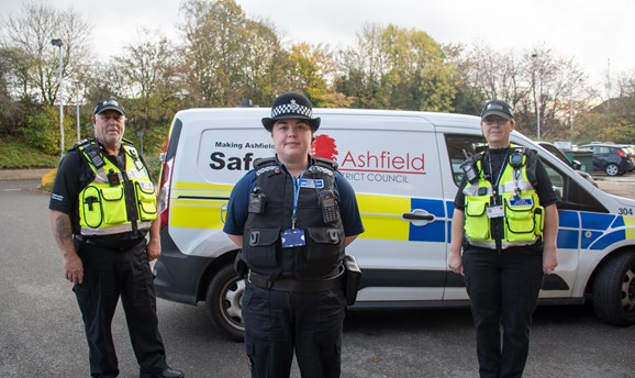 Ashfield District Council CPOs and Police support officer stand outside a van 