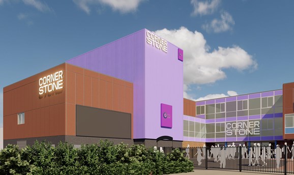An artist impression of the theatre which is clad in purple with the name Cornerstone  