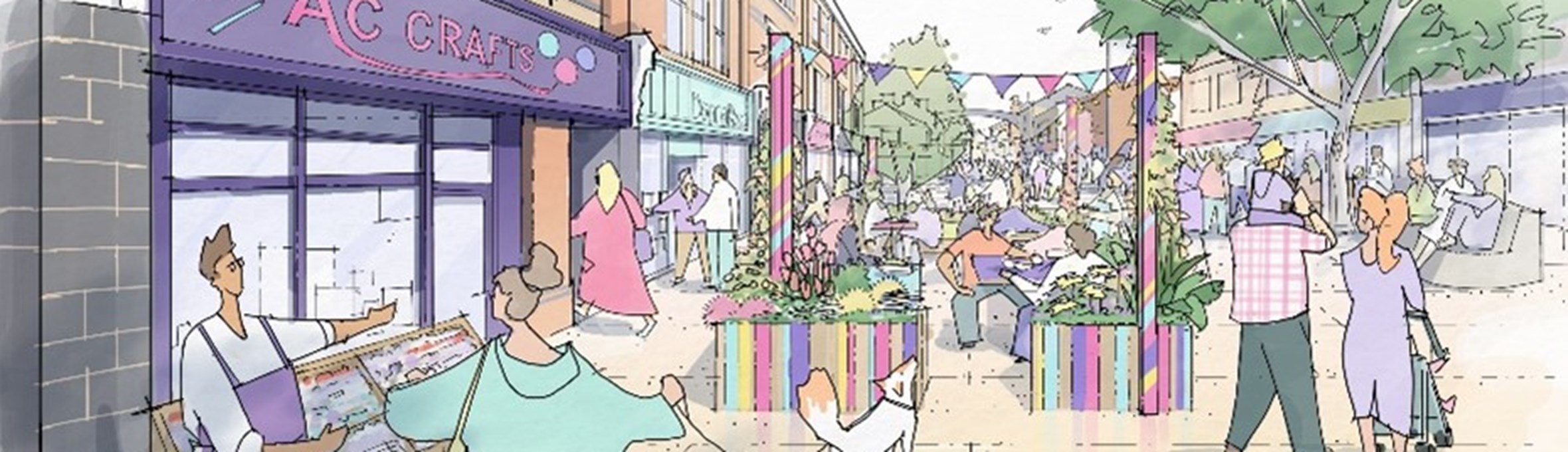 An artist impression of Hucknall High Street featuring new outdoor seating areas 