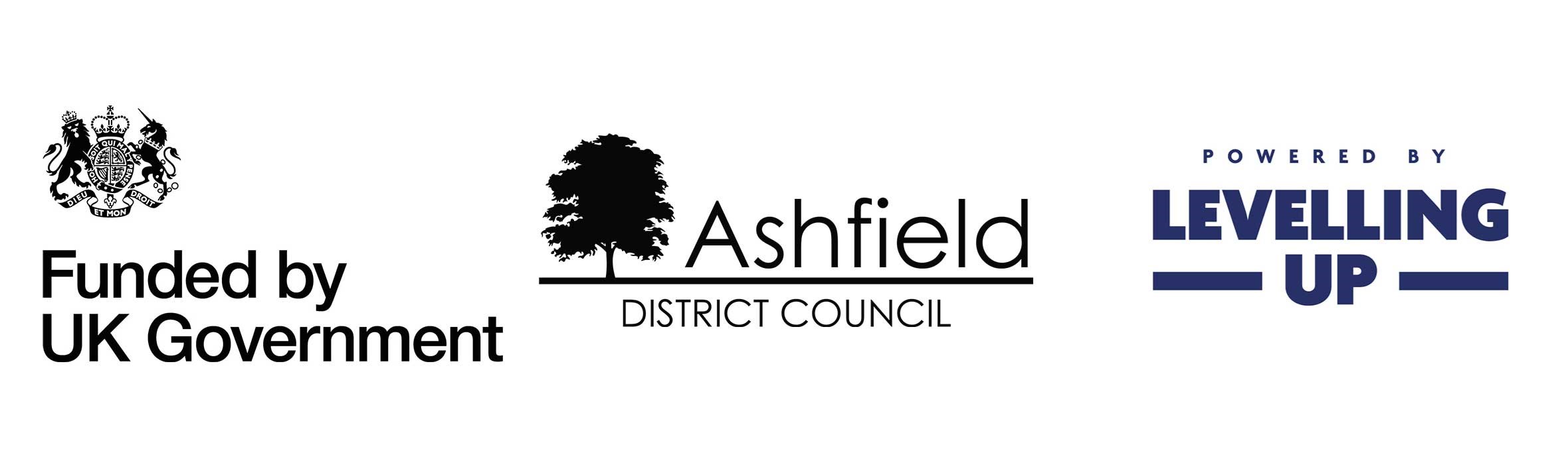Funded by UK Government logo, Ashfield District Council logo, Powered by Levelling up logo