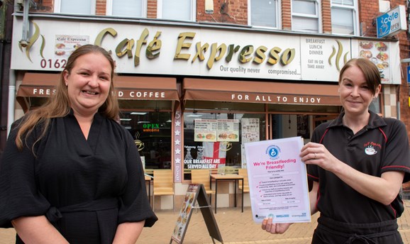 Cllr Samantha Deakin with Jody Moore outside Cafe Expresso in Sutton 